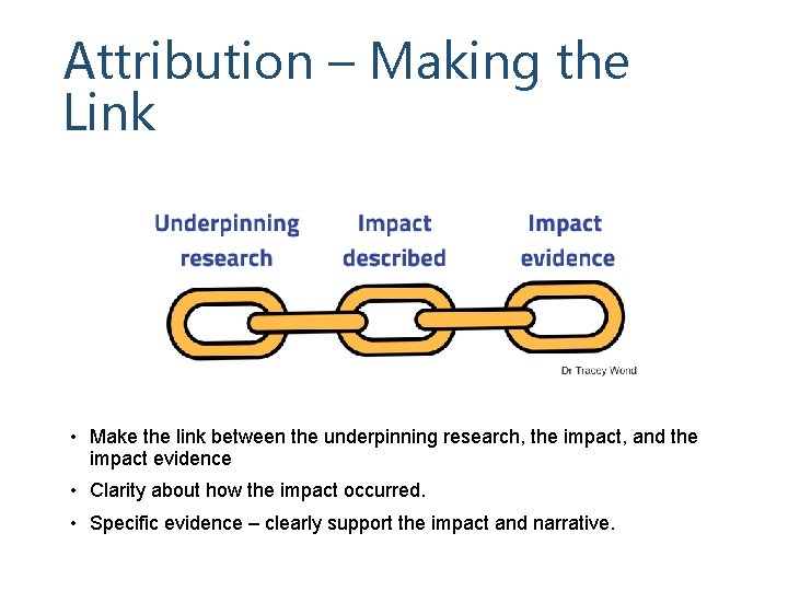 Attribution – Making the Link • Make the link between the underpinning research, the