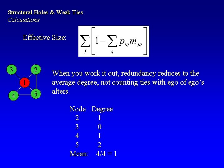 Structural Holes & Weak Ties Calculations Effective Size: 3 2 1 4 5 When