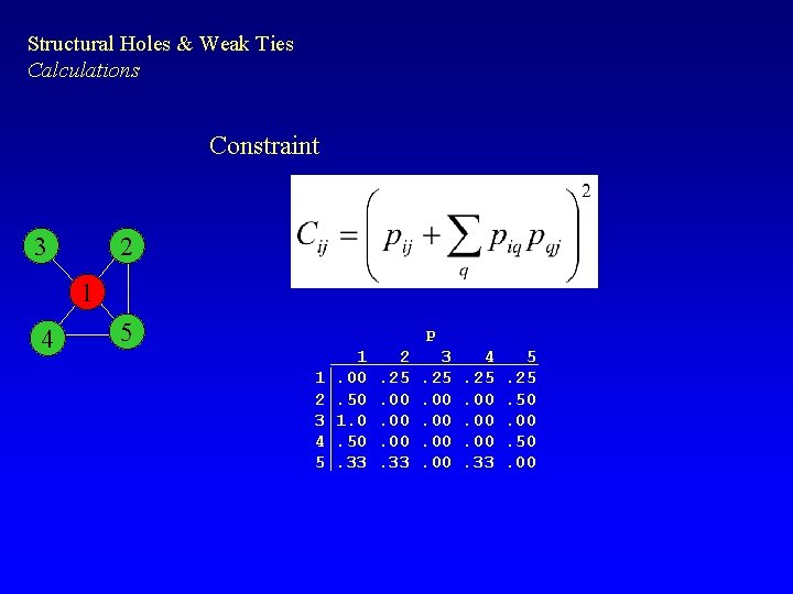 Structural Holes & Weak Ties Calculations Constraint 3 2 1 4 5 P 1