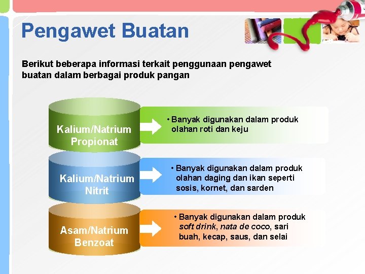 Pengawet Buatan Berikut beberapa informasi terkait penggunaan pengawet buatan dalam berbagai produk pangan Kalium/Natrium