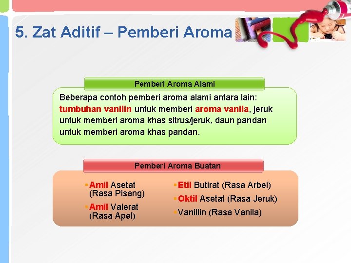 5. Zat Aditif – Pemberi Aroma Alami Beberapa contoh pemberi aroma alami antara lain: