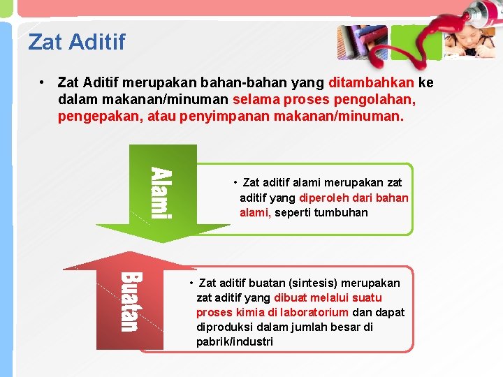 Zat Aditif • Zat Aditif merupakan bahan-bahan yang ditambahkan ke dalam makanan/minuman selama proses