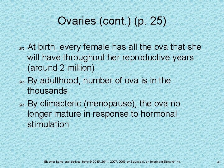 Ovaries (cont. ) (p. 25) At birth, every female has all the ova that