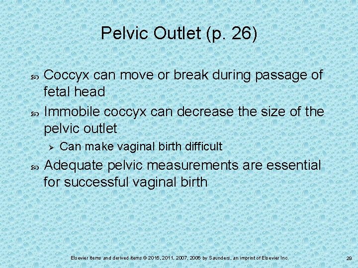 Pelvic Outlet (p. 26) Coccyx can move or break during passage of fetal head