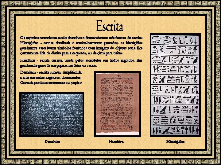 Os egípcios escreviam usando desenhos e desenvolveram três formas de escrita: Hieróglifos - escrita