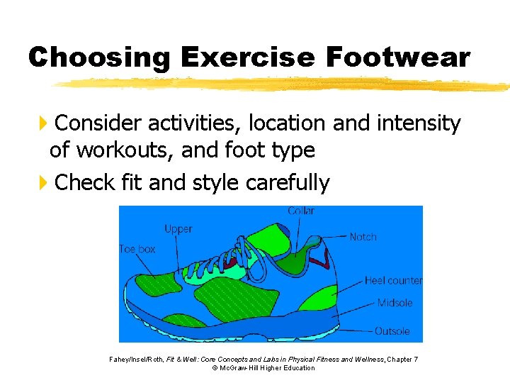 Choosing Exercise Footwear 4 Consider activities, location and intensity of workouts, and foot type