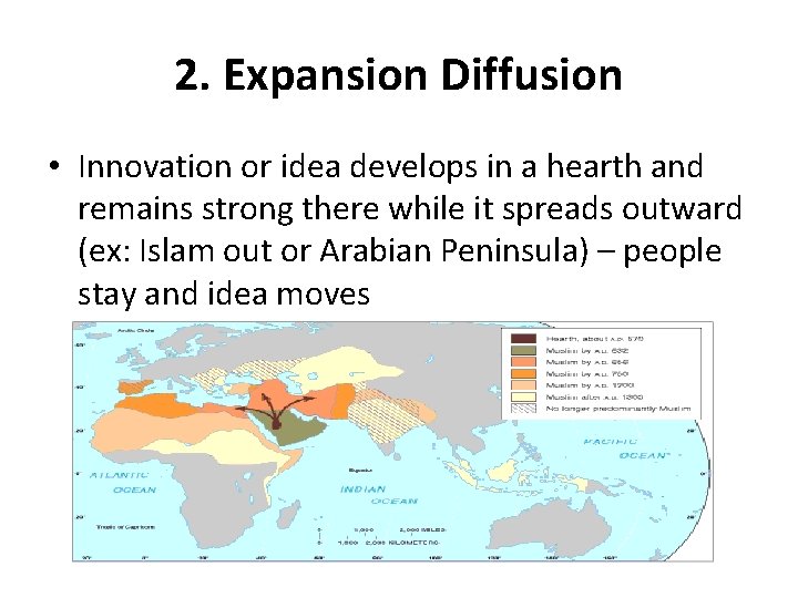 2. Expansion Diffusion • Innovation or idea develops in a hearth and remains strong