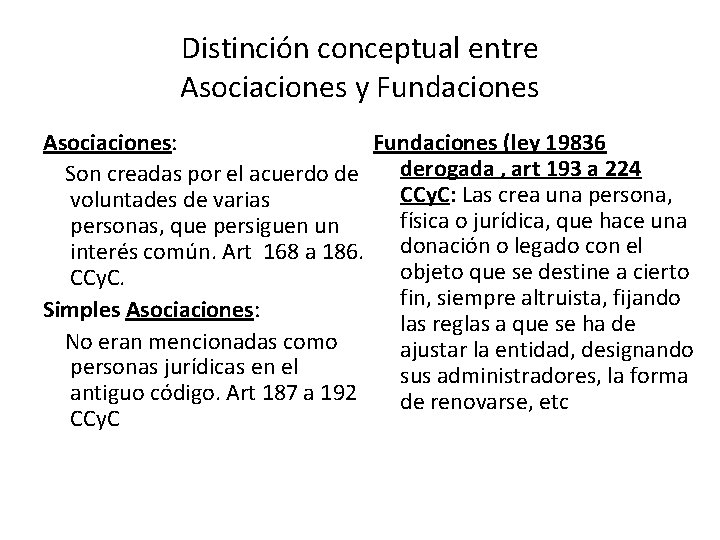 Distinción conceptual entre Asociaciones y Fundaciones Asociaciones: Fundaciones (ley 19836 Son creadas por el