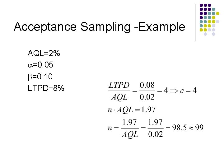 Acceptance Sampling -Example AQL=2% =0. 05 =0. 10 LTPD=8% 