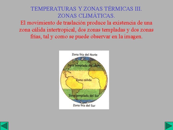 TEMPERATURAS Y ZONAS TÉRMICAS III. ZONAS CLIMÁTICAS. El movimiento de traslación produce la existencia