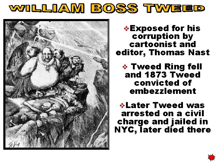 v. Exposed for his corruption by cartoonist and editor, Thomas Nast Tweed Ring fell