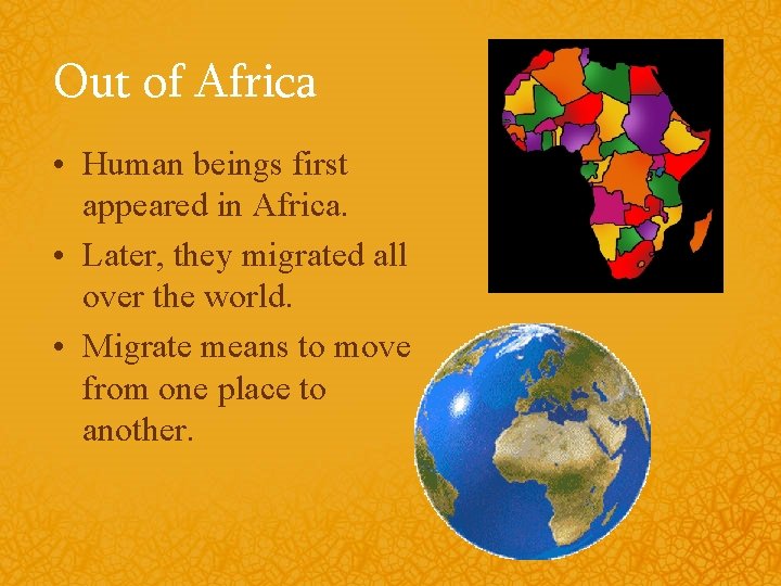 Out of Africa • Human beings first appeared in Africa. • Later, they migrated