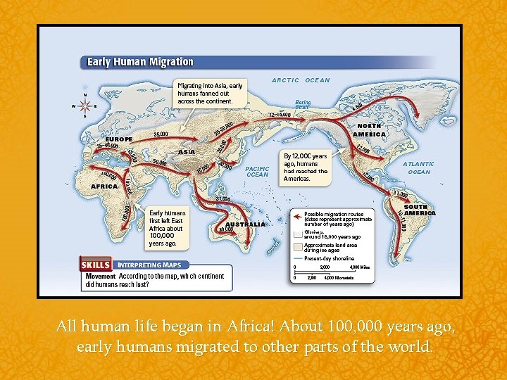 All human life began in Africa! About 100, 000 years ago, early humans migrated