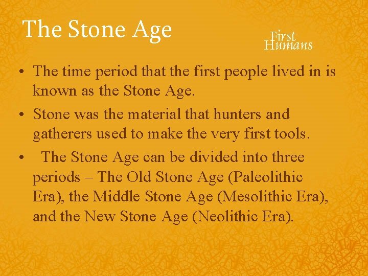 The Stone Age • The time period that the first people lived in is