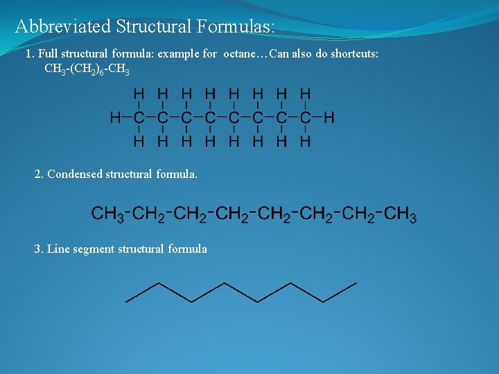 Abbreviated Structural Formulas: 1. Full structural formula: example for octane…Can also do shortcuts: CH