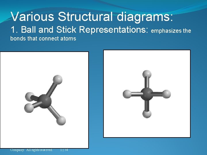 Various Structural diagrams: 1. Ball and Stick Representations: emphasizes the bonds that connect atoms