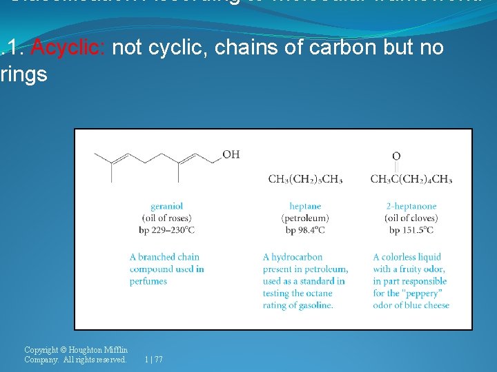 Classification According to molecular framework: . 1. Acyclic: not cyclic, chains of carbon but