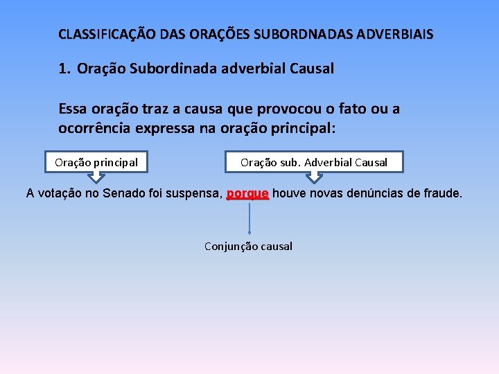 CLASSIFICAÇÃO DAS ORAÇÕES SUBORDNADAS ADVERBIAIS 1. Oração Subordinada adverbial Causal Essa oração traz a CLASSIFICAÇÃO DAS ORAÇÕES SUBORDNADAS ADVERBIAIS 1. Oração Subordinada adverbial Causal Essa oração traz a