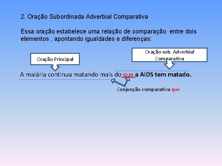 2. Oração Subordinada Adverbial Comparativa Essa oração estabelece uma relação de comparação entre dois 2. Oração Subordinada Adverbial Comparativa Essa oração estabelece uma relação de comparação entre dois