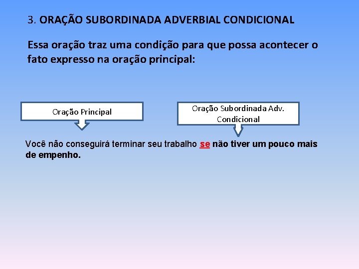 3. ORAÇÃO SUBORDINADA ADVERBIAL CONDICIONAL Essa oração traz uma condição para que possa acontecer 3. ORAÇÃO SUBORDINADA ADVERBIAL CONDICIONAL Essa oração traz uma condição para que possa acontecer