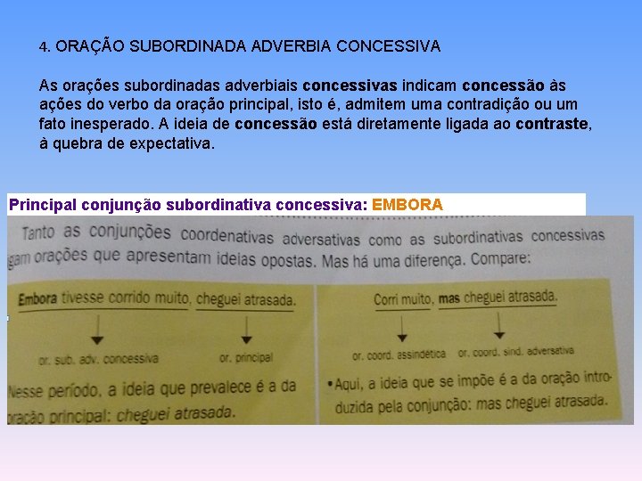 4. ORAÇÃO SUBORDINADA ADVERBIA CONCESSIVA As orações subordinadas adverbiais concessivas indicam concessão às ações 4. ORAÇÃO SUBORDINADA ADVERBIA CONCESSIVA As orações subordinadas adverbiais concessivas indicam concessão às ações
