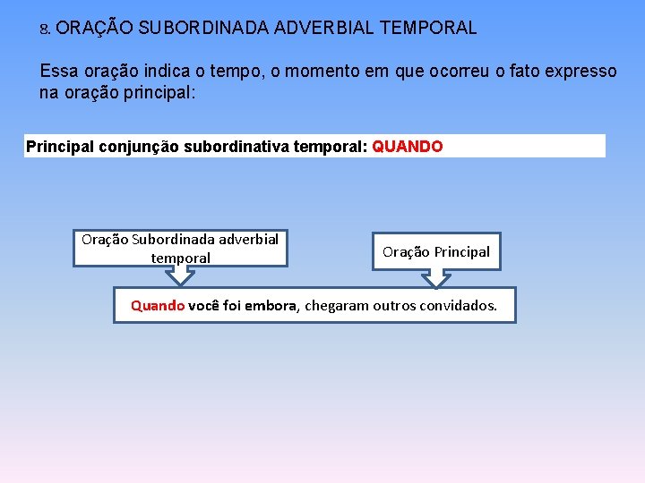 8. ORAÇÃO SUBORDINADA ADVERBIAL TEMPORAL Essa oração indica o tempo, o momento em que 8. ORAÇÃO SUBORDINADA ADVERBIAL TEMPORAL Essa oração indica o tempo, o momento em que
