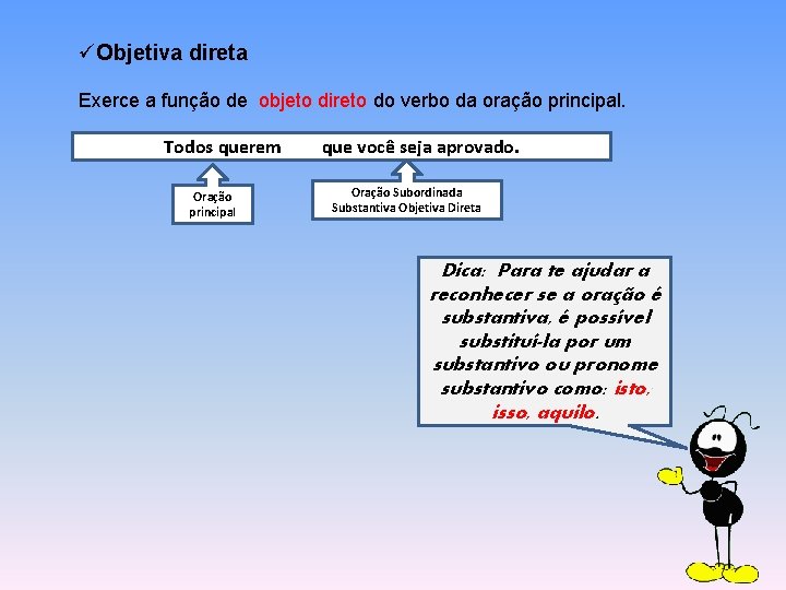 üObjetiva direta Exerce a função de objeto direto do verbo da oração principal. Todos üObjetiva direta Exerce a função de objeto direto do verbo da oração principal. Todos