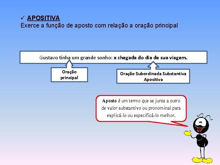 ü APOSITIVA Exerce a função de aposto com relação a oração principal Gustavo tinha ü APOSITIVA Exerce a função de aposto com relação a oração principal Gustavo tinha