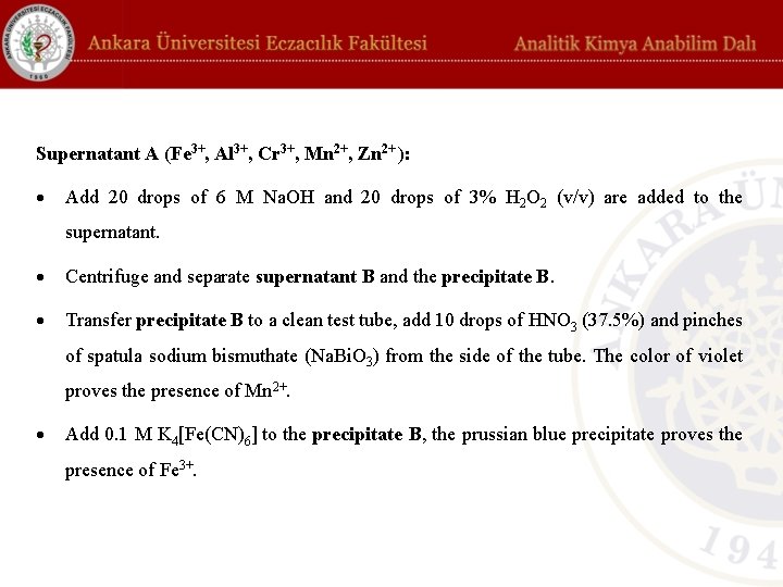 Supernatant A (Fe 3+, Al 3+, Cr 3+, Mn 2+, Zn 2+ ): Add Supernatant A (Fe 3+, Al 3+, Cr 3+, Mn 2+, Zn 2+ ): Add