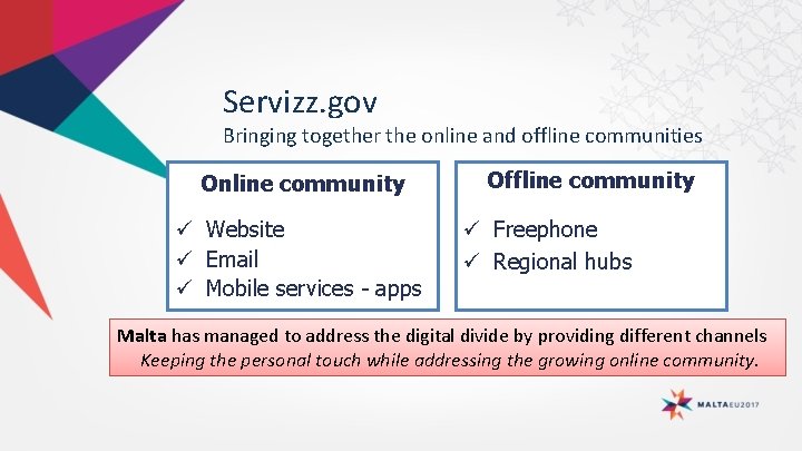 Servizz. gov Bringing together the online and offline communities Online community ü Website ü Servizz. gov Bringing together the online and offline communities Online community ü Website ü
