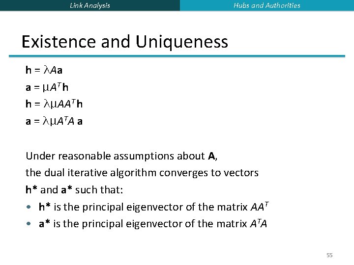 Link Analysis Hubs and Authorities Existence and Uniqueness h = λAa a = μAT