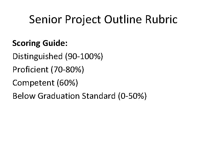 Senior Project Outline Rubric Scoring Guide: Distinguished (90 -100%) Proficient (70 -80%) Competent (60%)