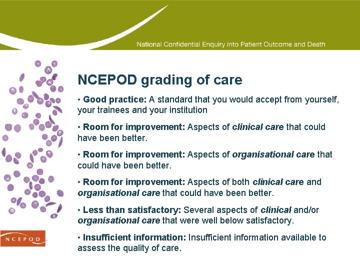 NCEPOD grading of care • Good practice: A standard that you would accept from