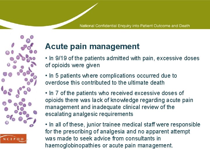 Acute pain management • In 9/19 of the patients admitted with pain, excessive doses