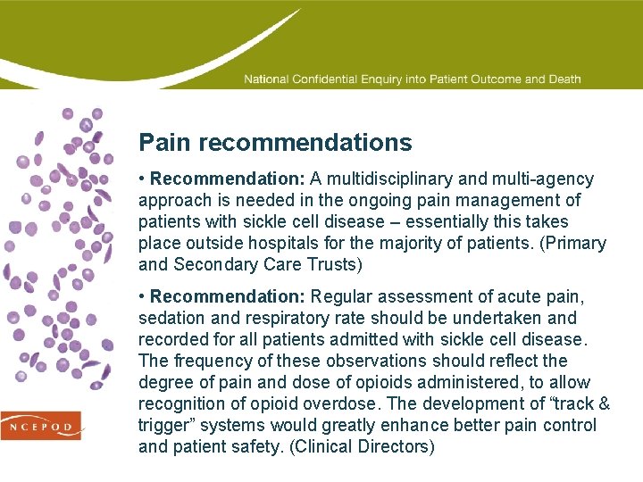 Pain recommendations • Recommendation: A multidisciplinary and multi-agency approach is needed in the ongoing