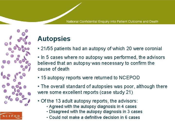 Autopsies • 21/55 patients had an autopsy of which 20 were coronial • In