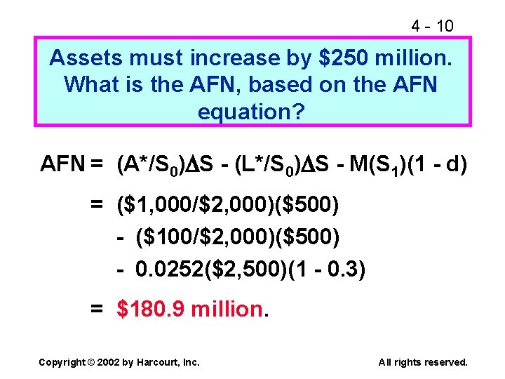 4 - 10 Assets must increase by $250 million. What is the AFN, based