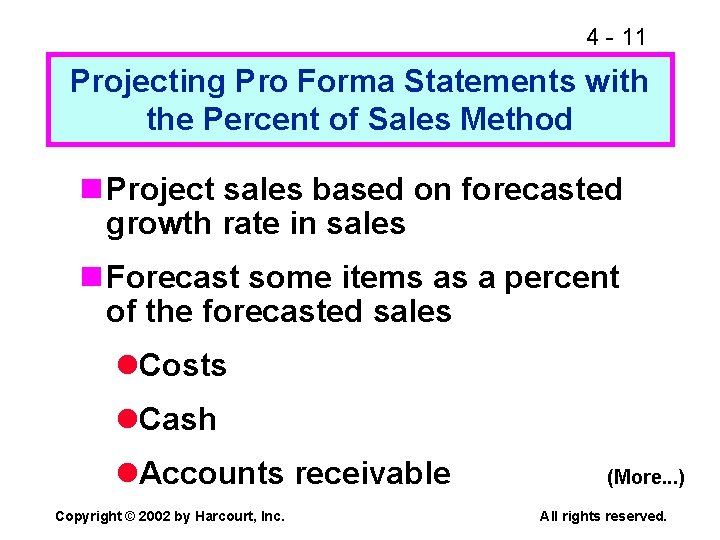 4 - 11 Projecting Pro Forma Statements with the Percent of Sales Method n