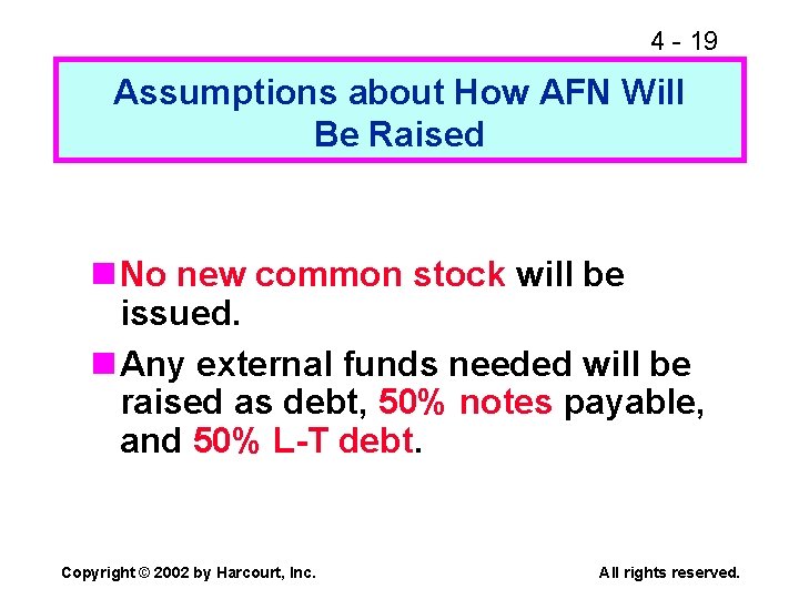 4 - 19 Assumptions about How AFN Will Be Raised n No new common