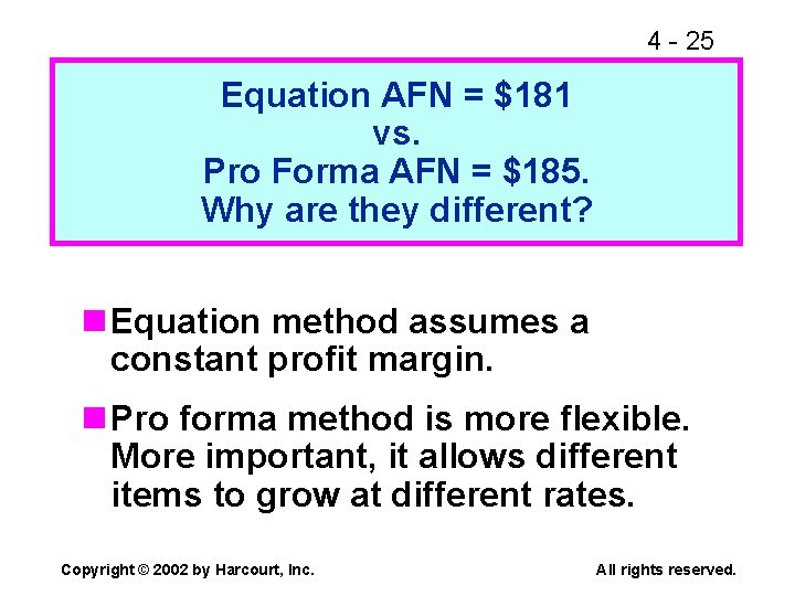 4 - 25 Equation AFN = $181 vs. Pro Forma AFN = $185. Why