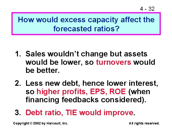 4 - 32 How would excess capacity affect the forecasted ratios? 1. Sales wouldn’t