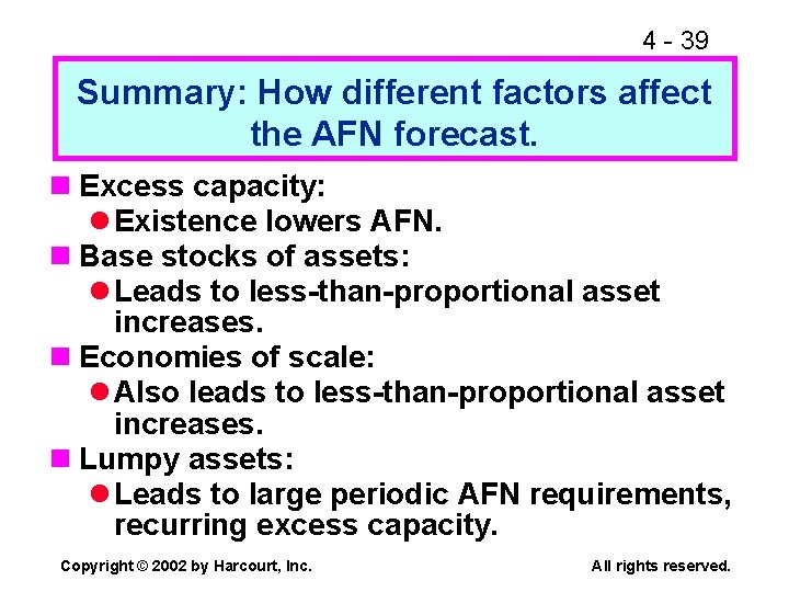 4 - 39 Summary: How different factors affect the AFN forecast. n Excess capacity: