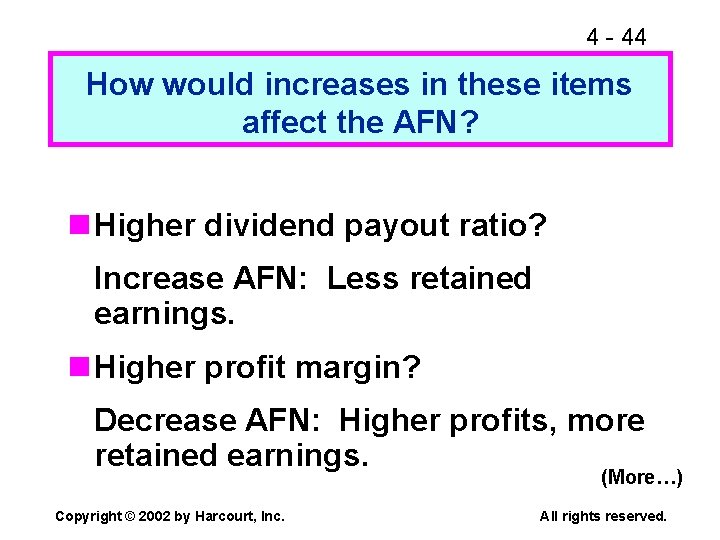 4 - 44 How would increases in these items affect the AFN? n Higher