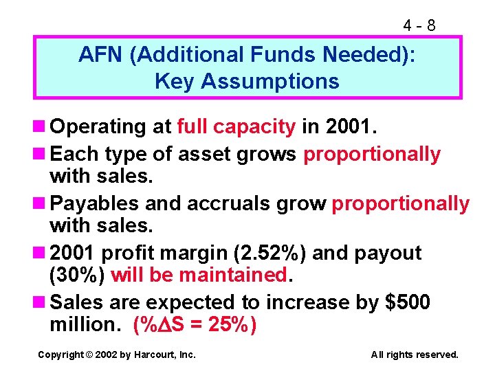 4 -8 AFN (Additional Funds Needed): Key Assumptions n Operating at full capacity in