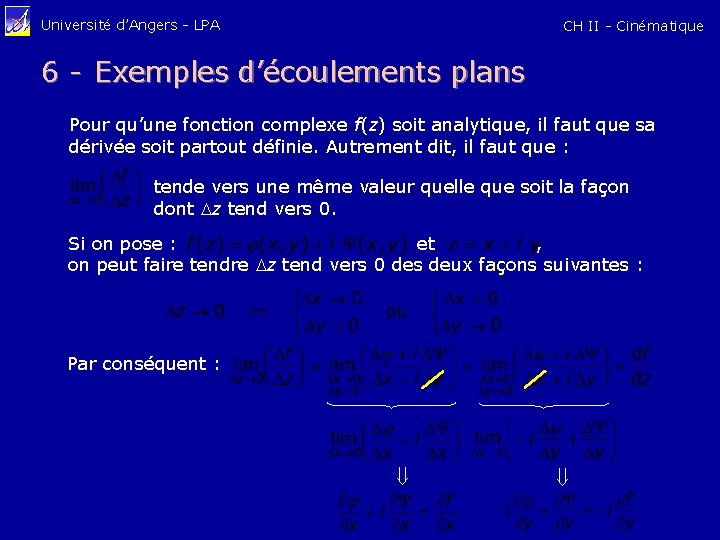 Université d’Angers - LPA CH II - Cinématique 6 - Exemples d’écoulements plans Pour