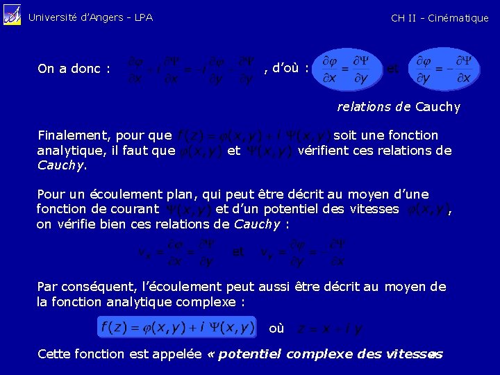 Université d’Angers - LPA On a donc : CH II - Cinématique , d’où