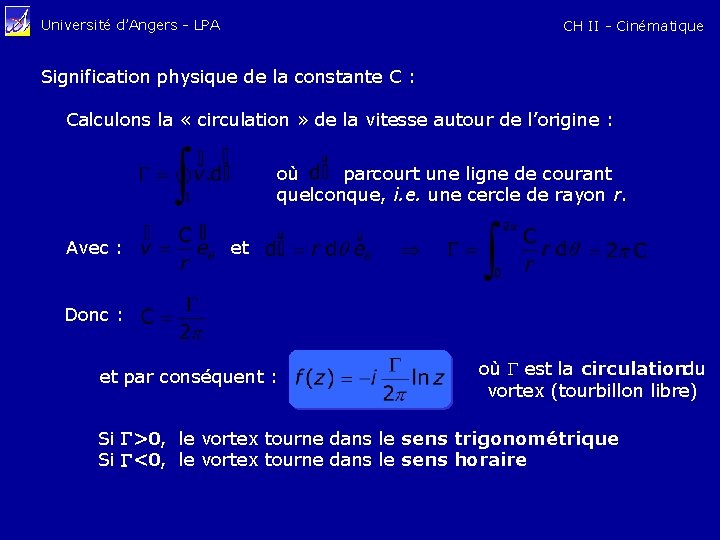 Université d’Angers - LPA CH II - Cinématique Signification physique de la constante C