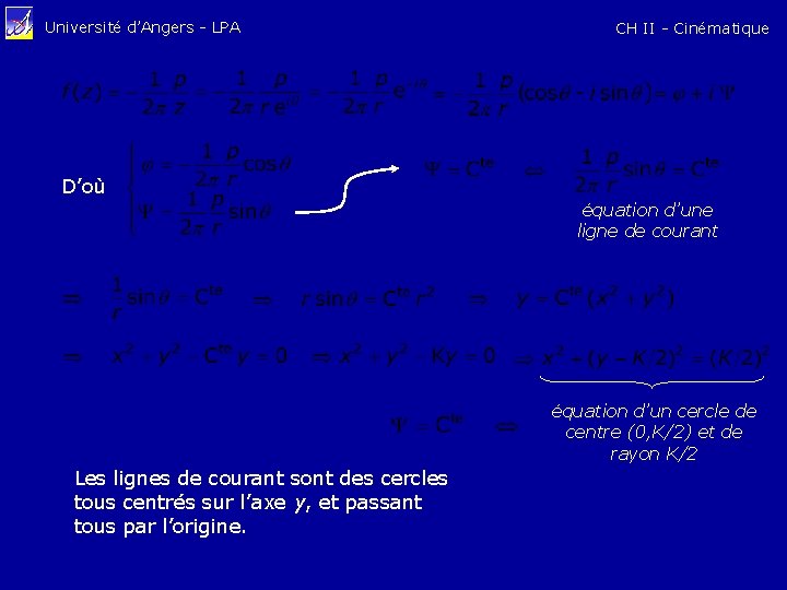 Université d’Angers - LPA CH II - Cinématique D’où équation d’une ligne de courant