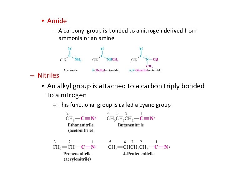  • Amide – A carbonyl group is bonded to a nitrogen derived from
