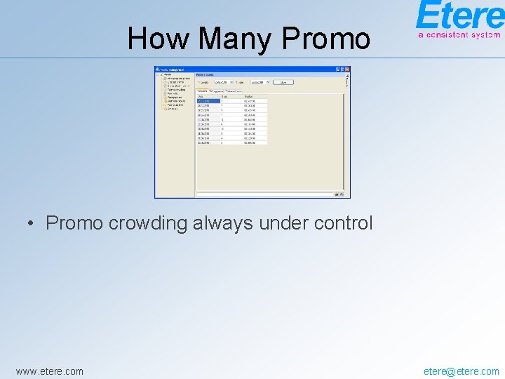 How Many Promo • Promo crowding always under control www. etere. com etere@etere. com